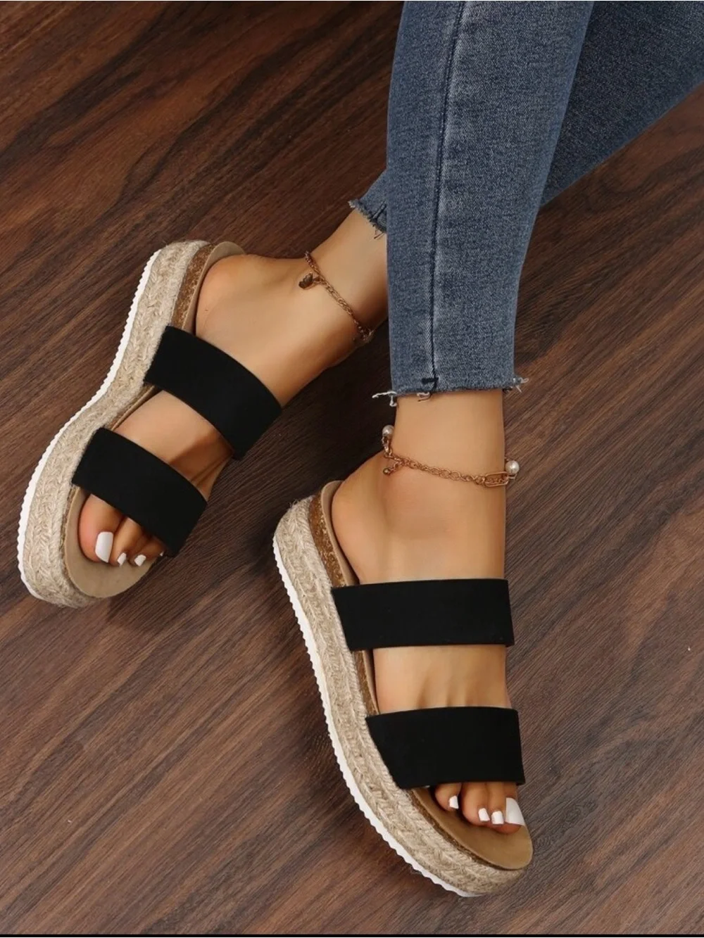 Women’s Black Double-Strap Espadrille Platform Sandals